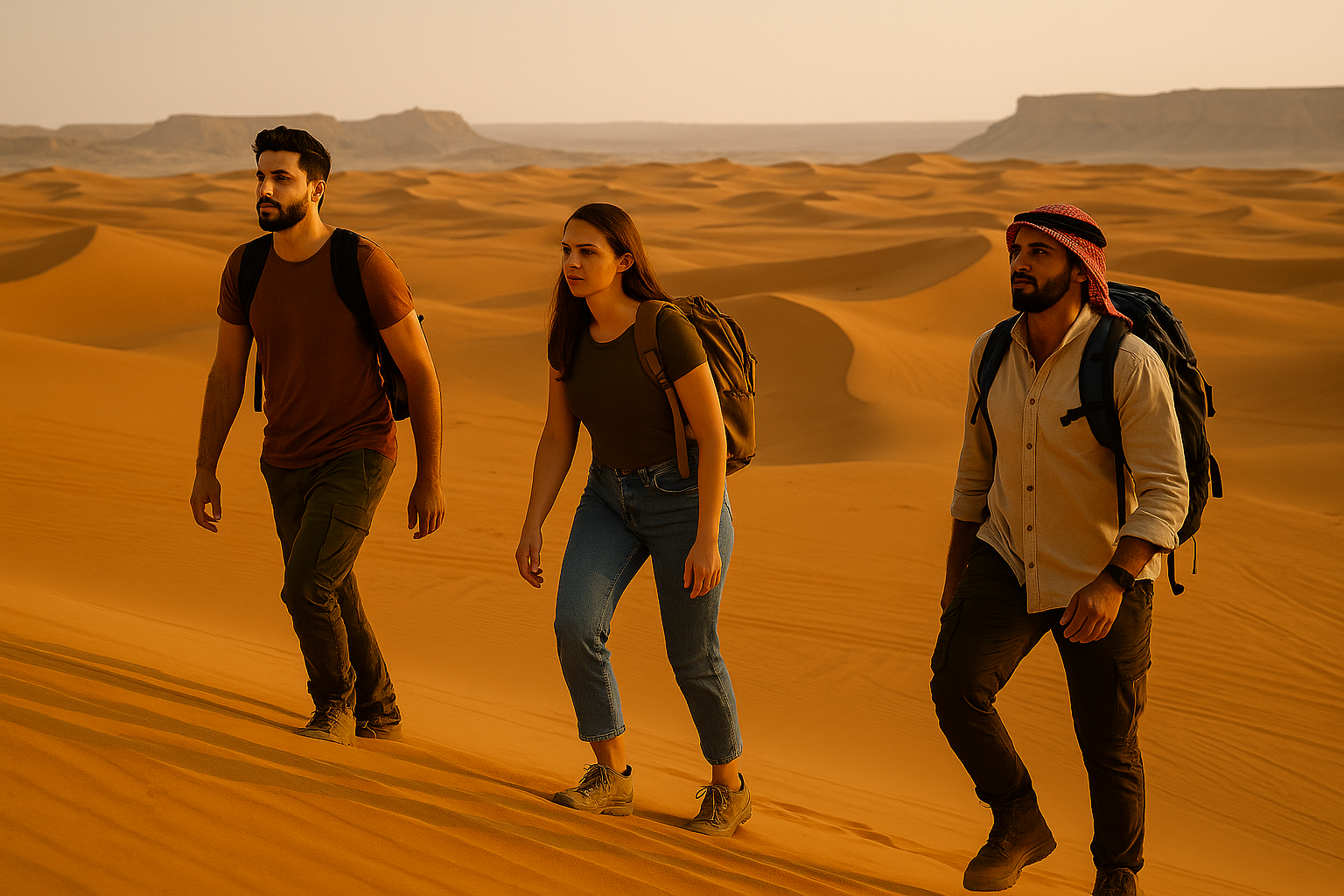 Group of travelers hiking through hidden desert experiences in Riyadh