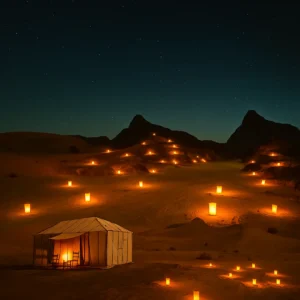 Desert camp at night with glowing lanterns, showcasing night desert safari Riyadh experiences.