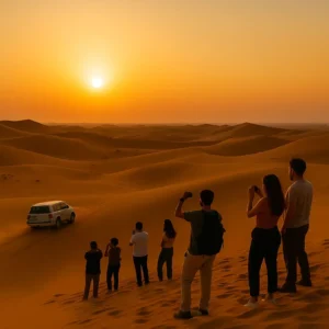 Tourists enjoying a golden sunset during the best time for desert safari in Riyadh