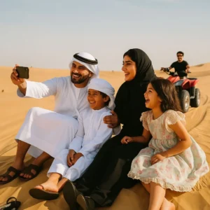 A happy family enjoying quad biking and desert activities, illustrating a family desert safari Riyadh guide.