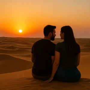 A young couple sitting close on a sand dune, watching a serene desert sunrise in Riyadh during the best time to experience desert sunrise.