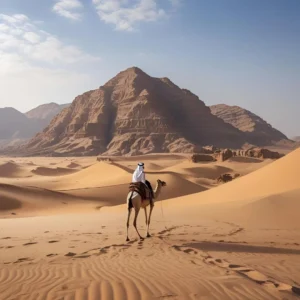 A man in traditional desert safari outfit riding a camel through the sand dunes of Riyadh with a majestic mountain in the background
