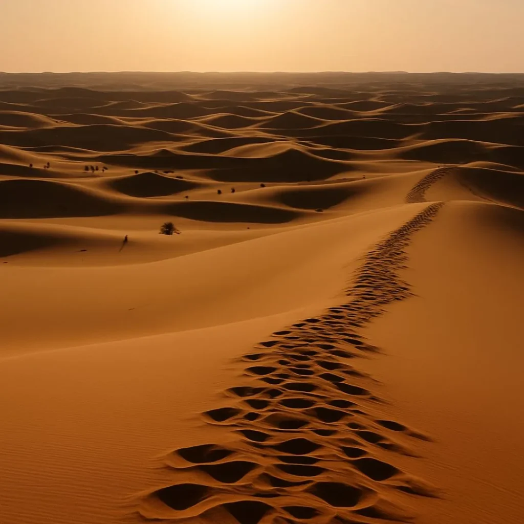 Footprints across Riyadh desert dunes at sunrise – a must-do activities for any desert safari experience in Saudi Arabia.