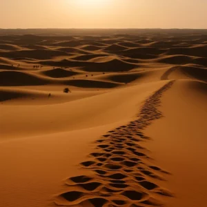 Footprints across Riyadh desert dunes at sunrise – a must-do activities for any desert safari experience in Saudi Arabia.