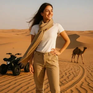 Solo female traveler standing in the Riyadh desert during golden hour, with a camel and quad bike in the background, showing why desert safari in Riyadh is ideal for solo adventurers.
