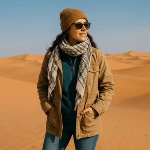 Woman in layered winter outfit standing in the desert, showcasing what to wear in desert safari during winter for warmth, comfort, and style.