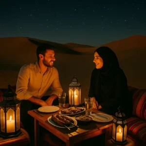 Couple enjoying a romantic desert safari Riyadh for couples, sitting together on golden sand dunes at sunset, sharing a quiet intimate moment under the warm sky.