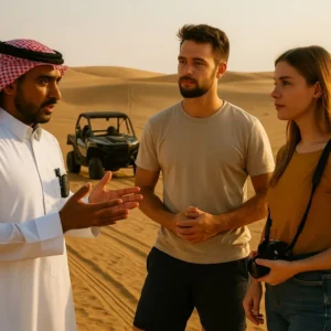 Couple enjoying a desert safari adventure in Riyadh, following key desert safari Riyadh safety tips.