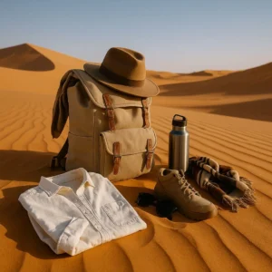 A carefully arranged flat lay of travel essentials showing what to pack for desert safari Riyadh, including a hat, light clothing, sunscreen, and a backpack on sand.