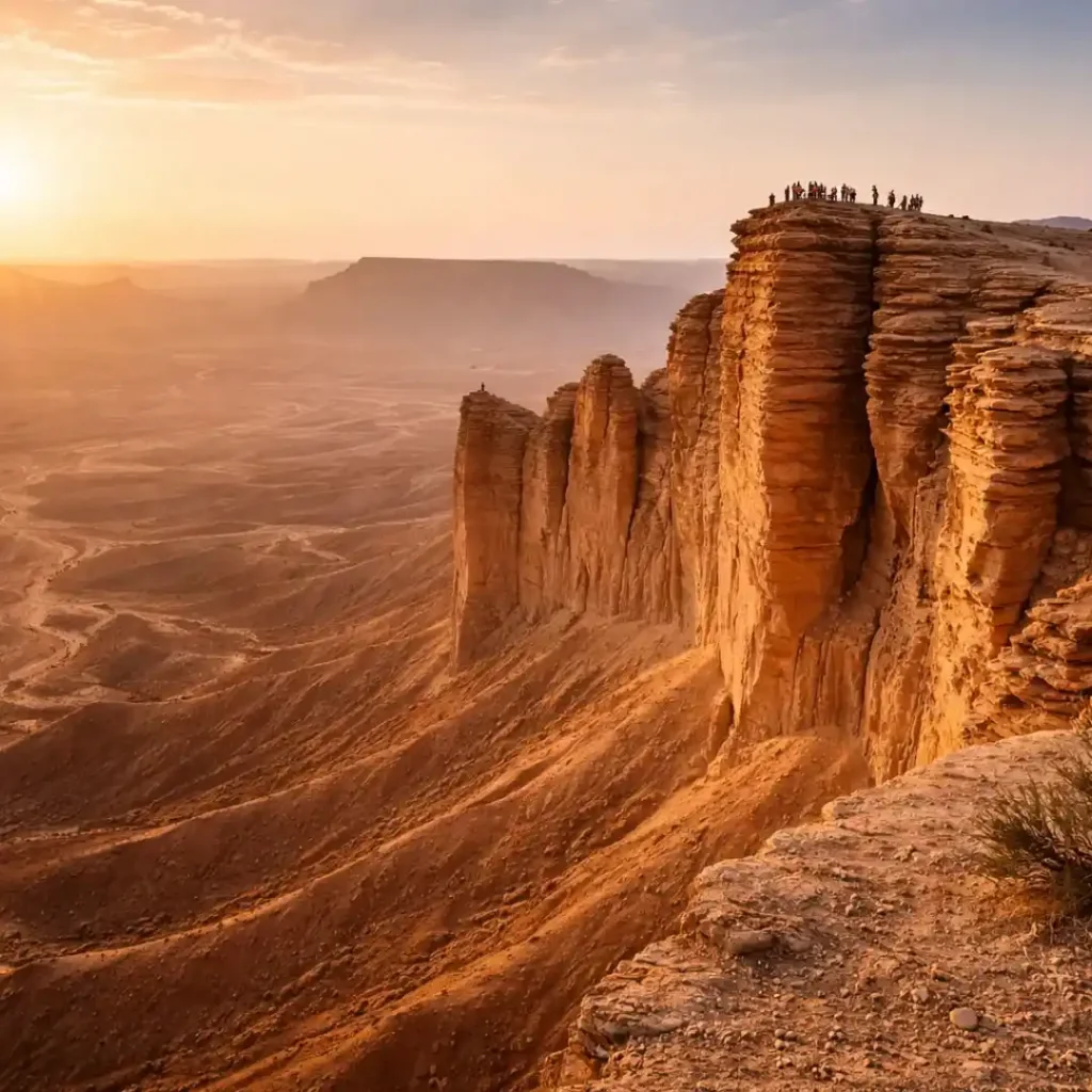 Exploring Edge of the World Riyadh Tour with breathtaking cliff views and vast desert landscape at sunset.