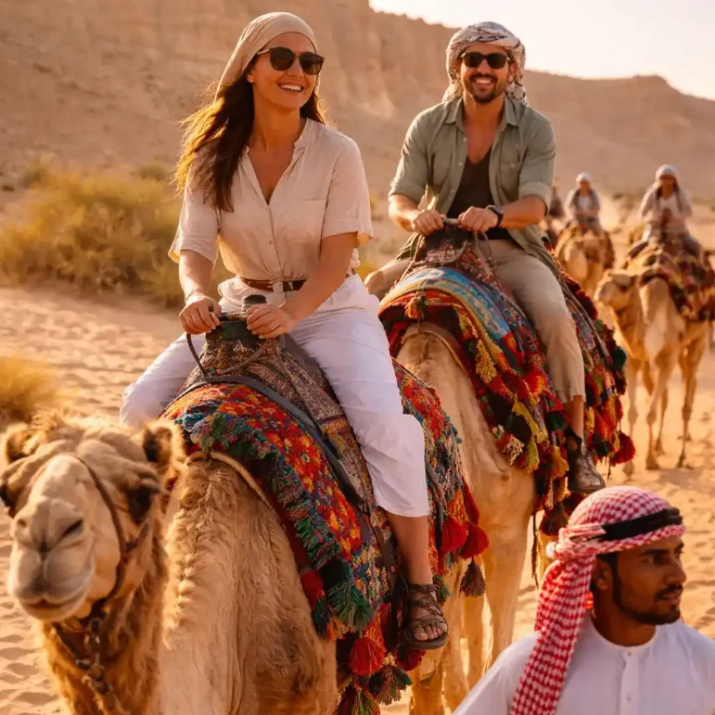 Tourists enjoying a peaceful camel ride in the Riyadh desert, showcasing what makes camel ride a unique experience in the golden dunes.