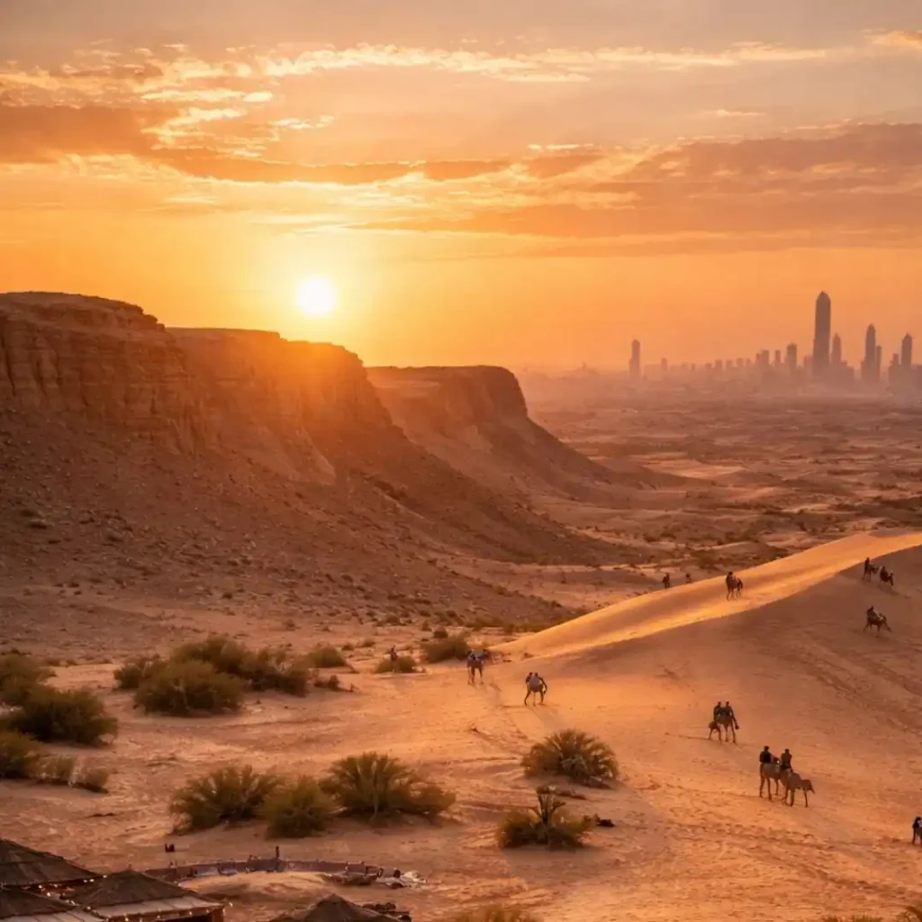 Beautiful sunset view of desert safari camp showcasing what makes our Riyadh location special.