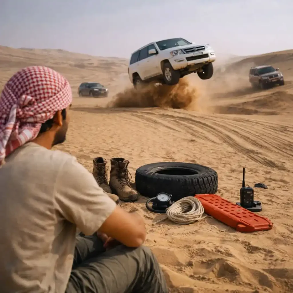 Beginners Guide to Dune Bashing in Riyadh showing 4x4 vehicle driving across desert dunes.