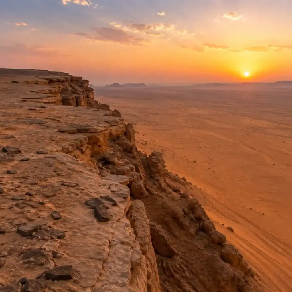 "Top Tips for Planning Your Riyadh Edge – panoramic desert cliffs with golden dunes and scenic viewpoints under a clear sky"