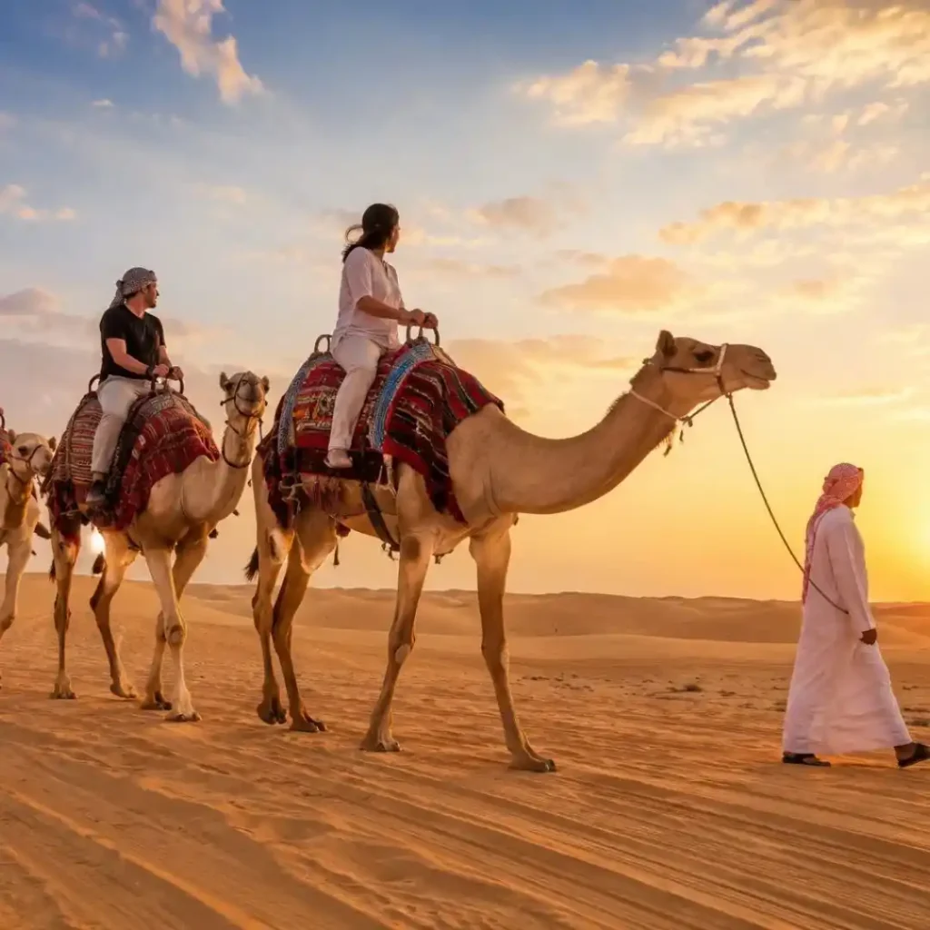 "The Ultimate Guide to Camel Ride Riyadh – tourists enjoying camel rides across golden desert dunes with sunrise views"