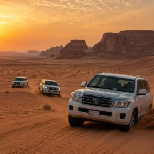 4x4 SUVs driving across the golden dunes during a Desert Safari Riyadh adventure at sunset with dramatic desert landscapes in the background.