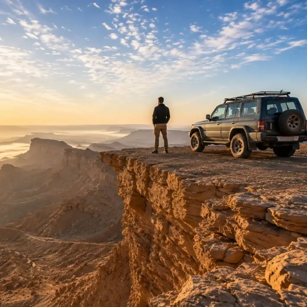 Sunrise over the desert cliffs in Riyadh, showing a panoramic view from the Edge of the World and Beyond with an off-road vehicle and lone traveler.