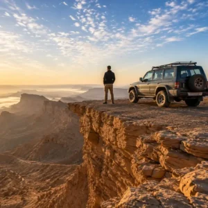 Sunrise over the desert cliffs in Riyadh, showing a panoramic view from the Edge of the World and Beyond with an off-road vehicle and lone traveler.