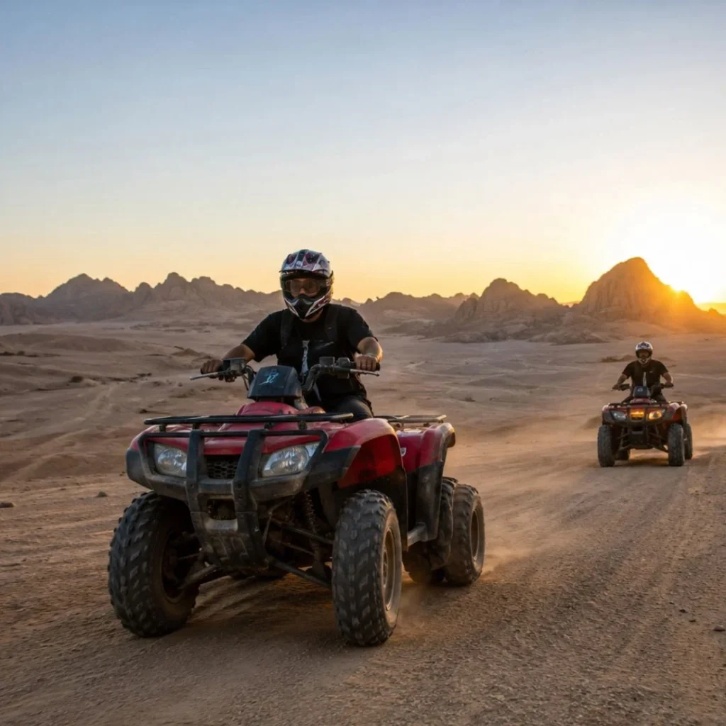 "Guide to the Best Quad Biking Riyadh Tours – tourists riding ATVs across golden desert dunes with natural sunlight and dynamic adventure"