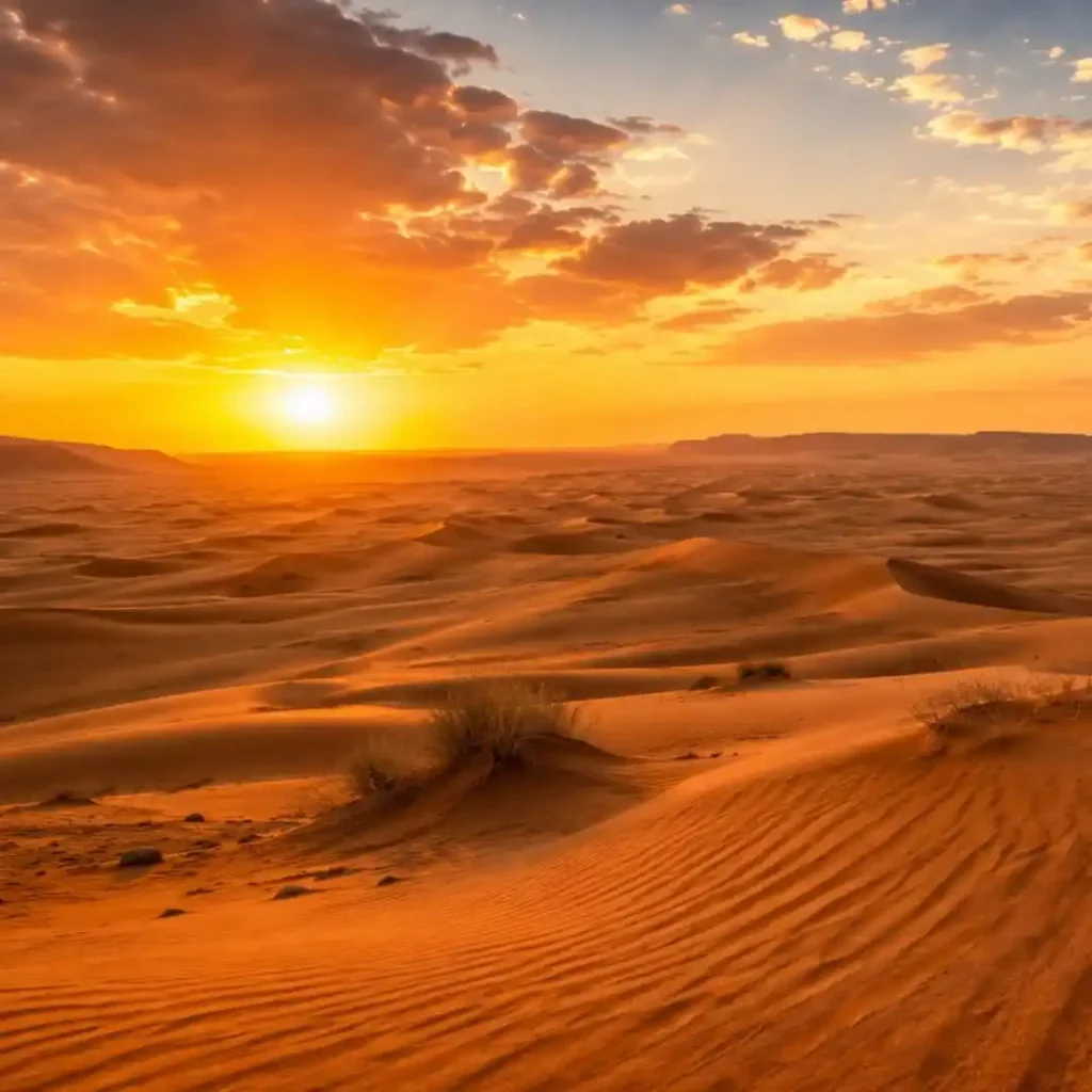 A cinematic view of the Riyadh desert at sunset, showcasing vast golden sand dunes under a colorful sky, highlighting the natural beauty of Saudi Arabia.