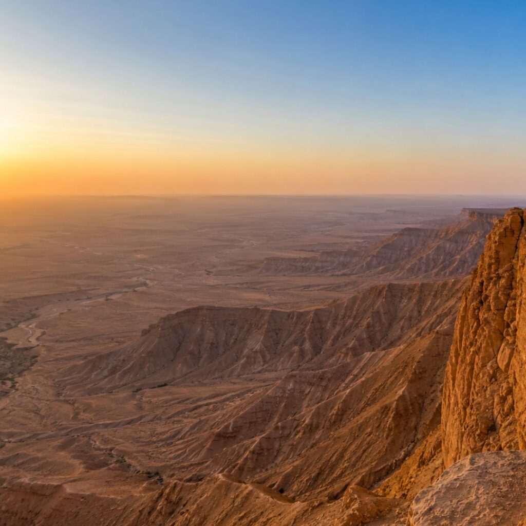 "Tips for the Edge of the World Riyadh Tour – panoramic desert cliffs and golden dunes under warm sunlight, showcasing the iconic Riyadh desert landscape"