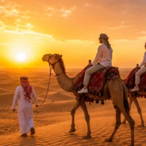"Desert should be on your bucket list – panoramic view of golden sand dunes under warm sunlight with serene natural Arabian desert landscape"
