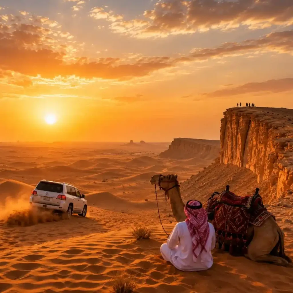 "Panoramic view of the Riyadh desert with golden dunes, highlighting why every traveler should experience Riyadh for adventure and culture"