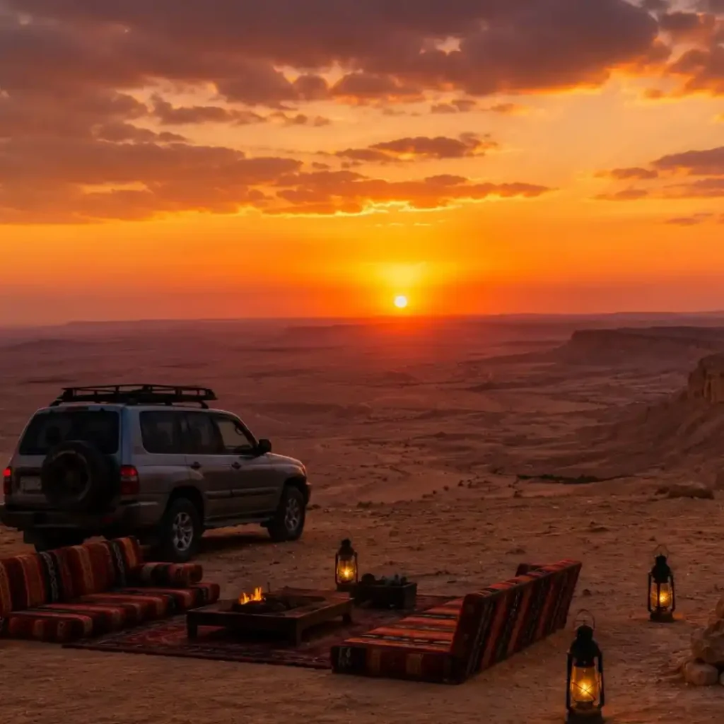 "Guide to the edge of the world Riyadh – panoramic desert cliffs and golden sand dunes under warm sunlight, showcasing the iconic Riyadh desert landscape"