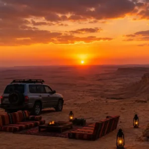 "Guide to the edge of the world Riyadh – panoramic desert cliffs and golden sand dunes under warm sunlight, showcasing the iconic Riyadh desert landscape"