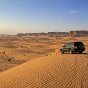 "The Riyadh desert safari location perfect – panoramic golden sand dunes under warm sunlight, serene and expansive desert landscape"